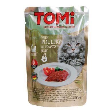 TOMi POULTRY in tomato jelly ТОМИ ПТИЦА В ТОМАТНОМ ЖЕЛЕ суперпремиум влажный корм, консервы для кошек, пауч, 0.1кг