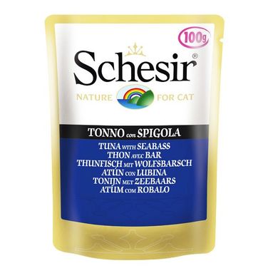 Schesir Tuna Seabass ШЕЗИР ТУНЕЦ С ОКУНЕМ влажный корм натуральные консервы для кошек, тунец с морским окунем в желе, пауч 100 г, 0.1кг
